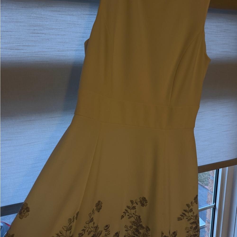 Calvin Klein Strapless Mustard Yellow Fit-and-Flare Dress with Floral Hem